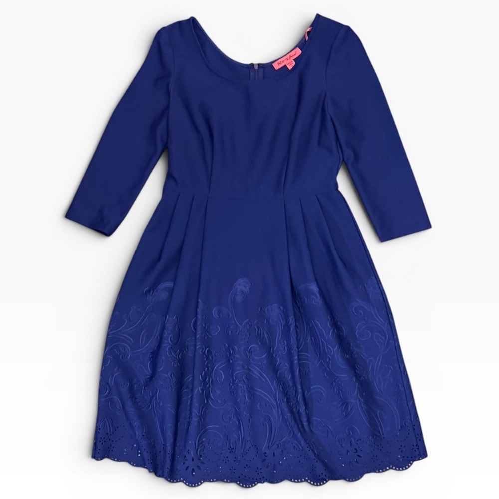 Betsey‎ Johnson Royal Blue Fit Flare Laser Cut Eyelet Scallop Dress SZ 2 Stretch